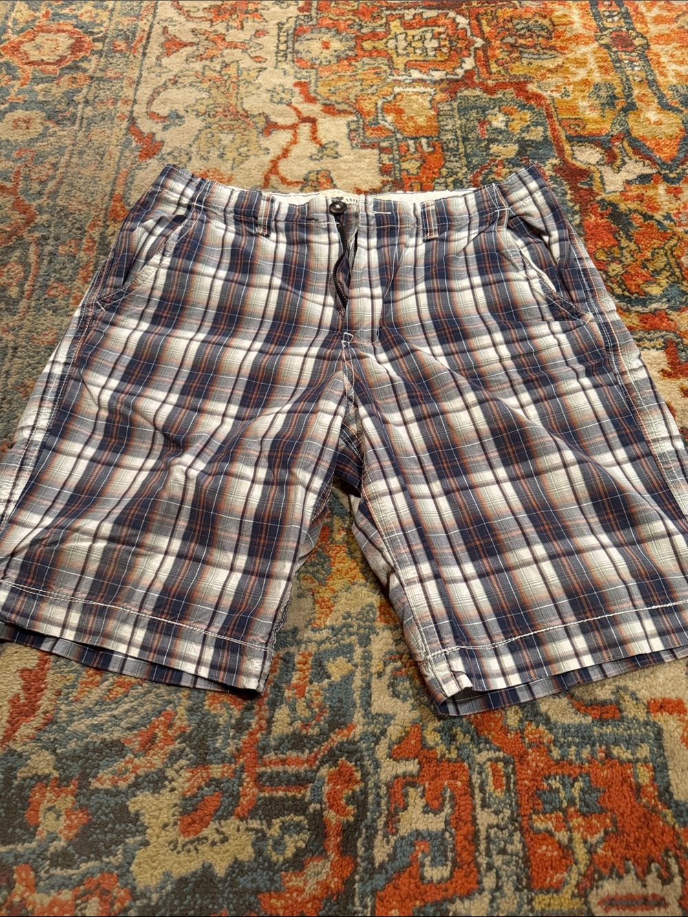 American Eagle Outfitters Plaid Flat-Front Shorts in Blue & Brown